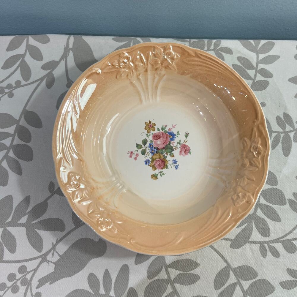 Crown Potteries USA Vtg Floral Serving Bowl Pink Peach Embossed Rose Cottage